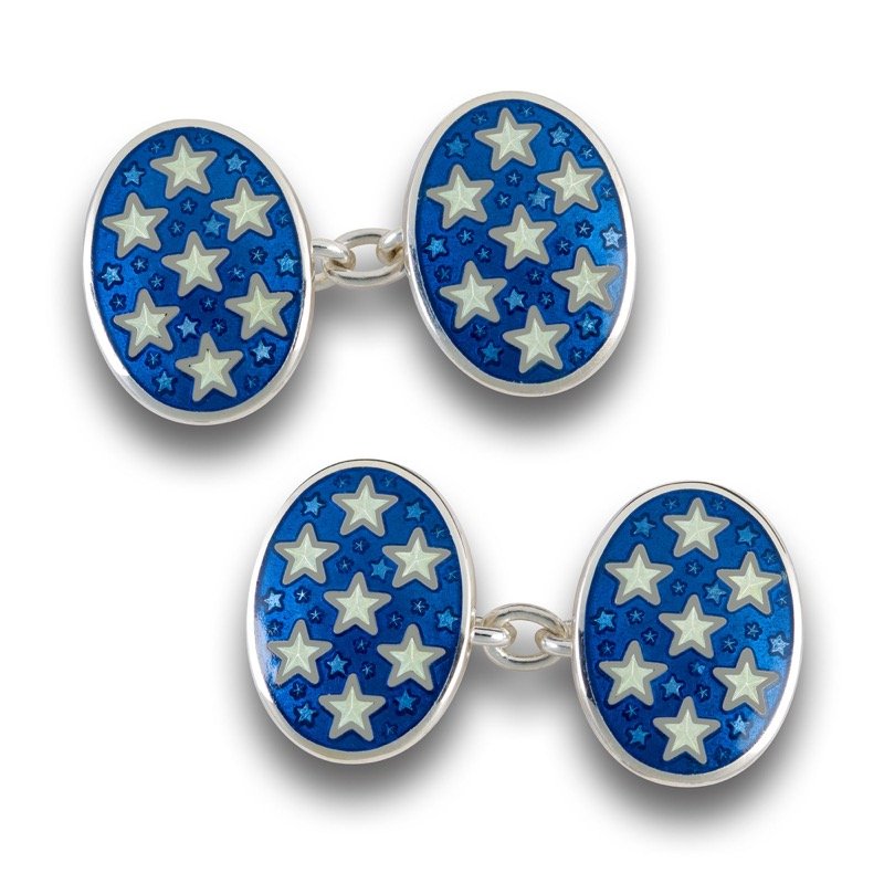 English Sterling Silver and Blue Enamel Star Cufflinks