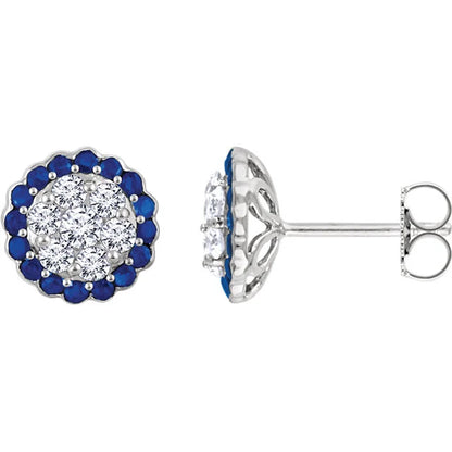 Halo Studs with Pave Diamonds and Sapphires or Emeralds