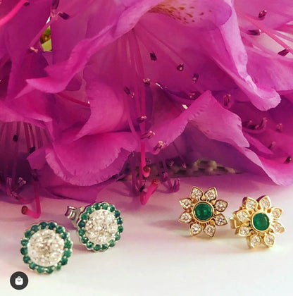 Halo Studs with Pave Diamonds and Sapphires or Emeralds
