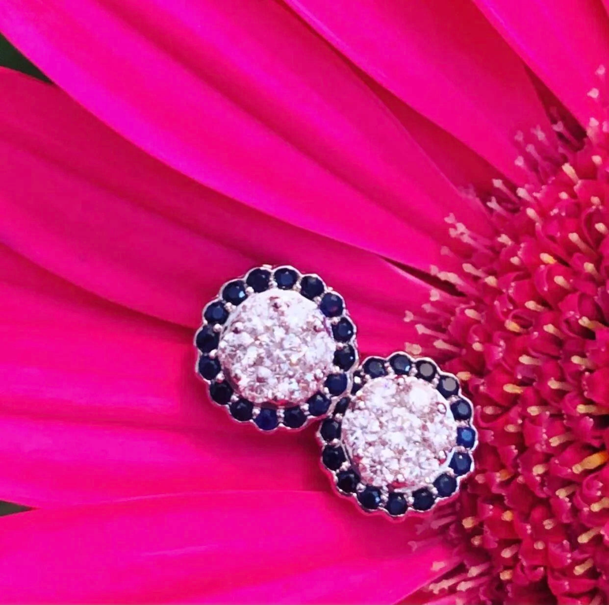 Halo Studs with Pave Diamonds and Sapphires or Emeralds