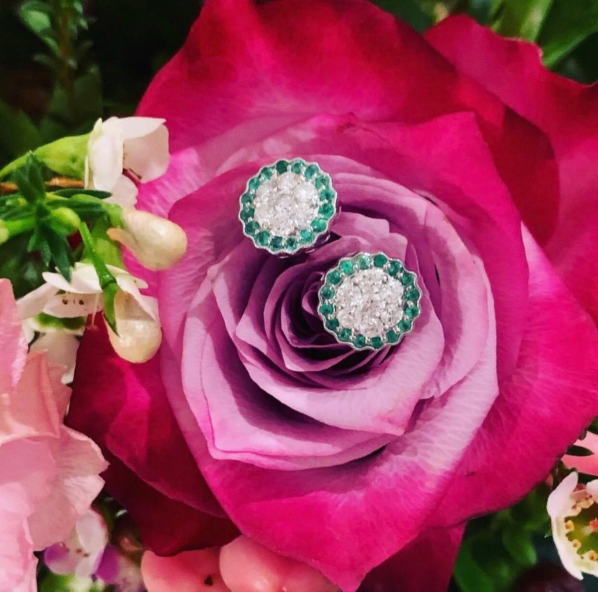 Halo Studs with Pave Diamonds and Sapphires or Emeralds
