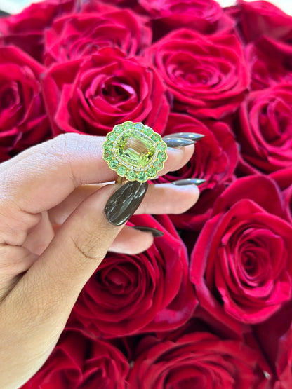 Green Tourmaline and Tsavorite Cushion Ring