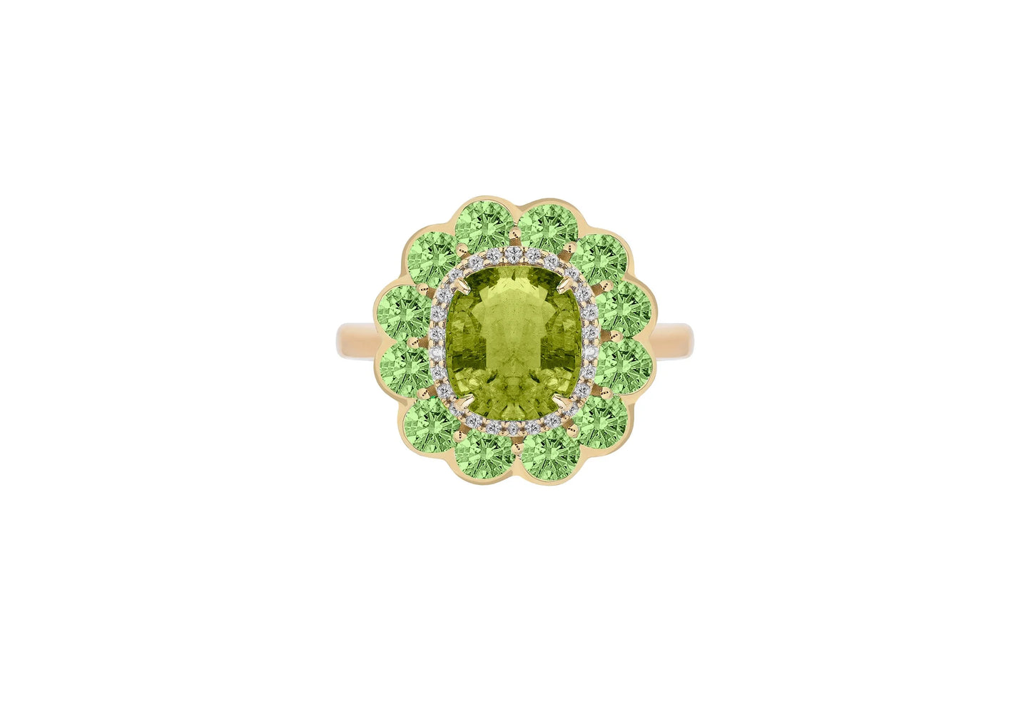 Green Tourmaline and Tsavorite Cushion Ring
