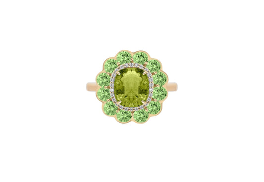 Green Tourmaline and Tsavorite Cushion Ring
