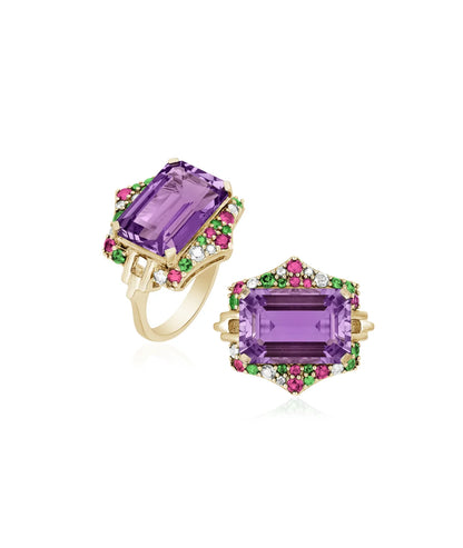 Rainforest Rock Crystal and Amethyst Emerald-cut Ring