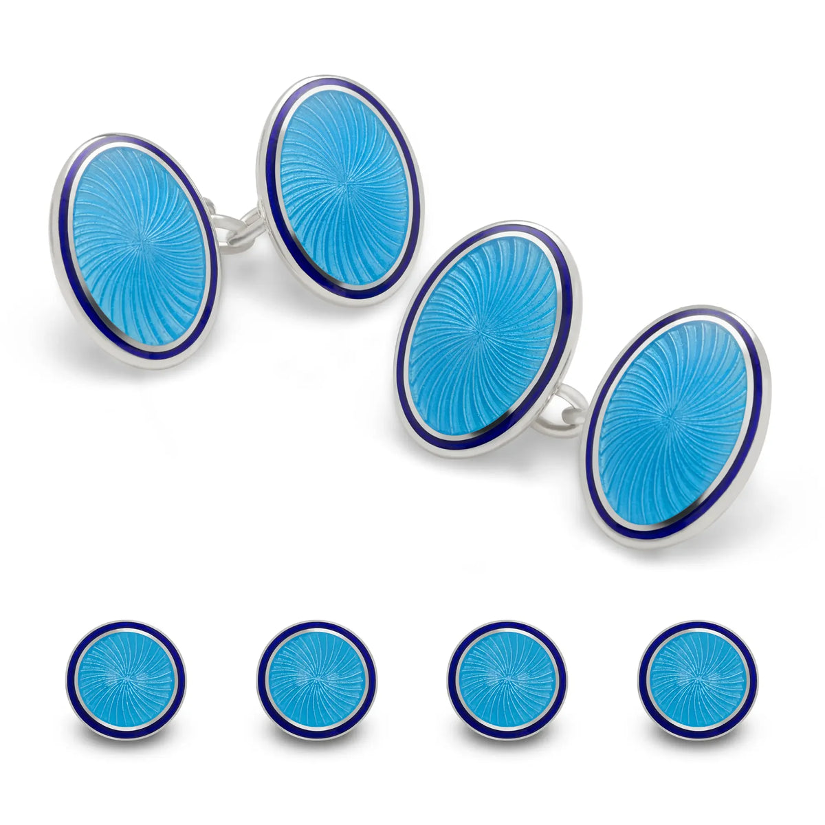 English Sterling Silver and Green Enamel with Navy Trim Cufflinks and Stud Set