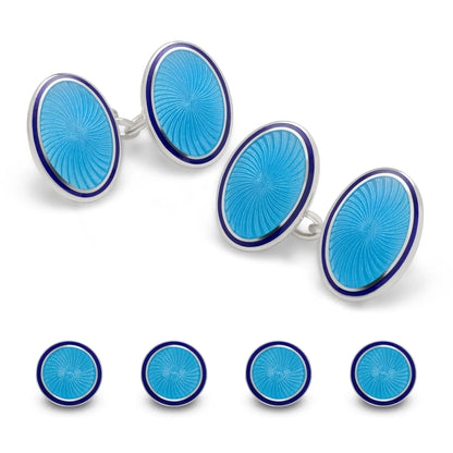 English Sterling Silver and Green Enamel with Navy Trim Cufflinks and Stud Set