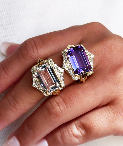 Rainforest Rock Crystal and Amethyst Emerald-cut Ring