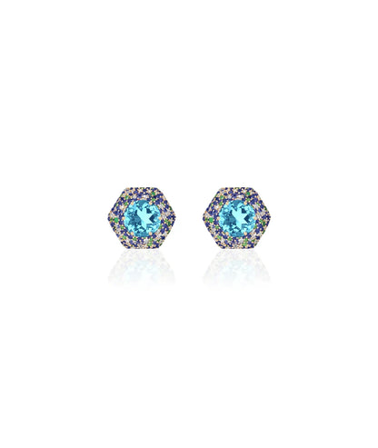 Blue Topaz and Sapphire Hexagonal Earrings
