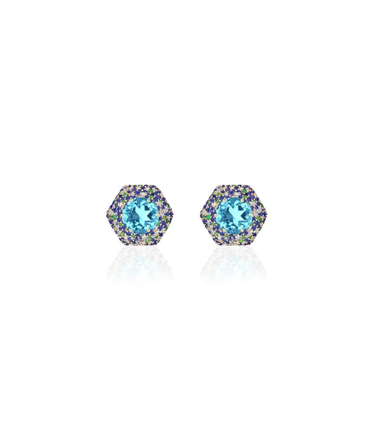 Blue Topaz and Sapphire Hexagonal Earrings