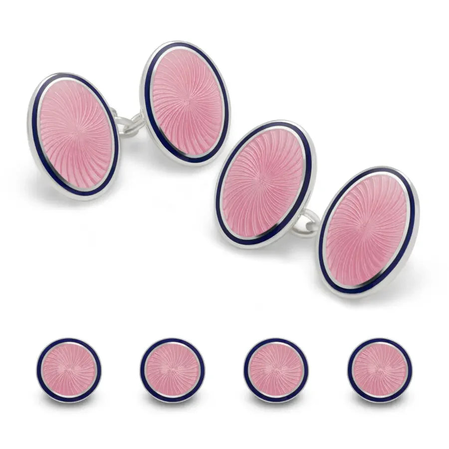 English Sterling Silver and Green Enamel with Navy Trim Cufflinks and Stud Set
