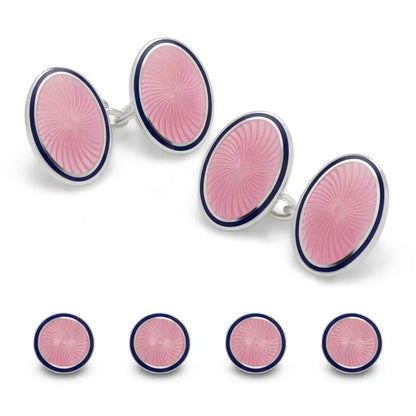 English Sterling Silver and Green Enamel with Navy Trim Cufflinks and Stud Set